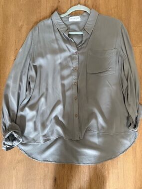 Olive Button-Down Silk Blend Blouse